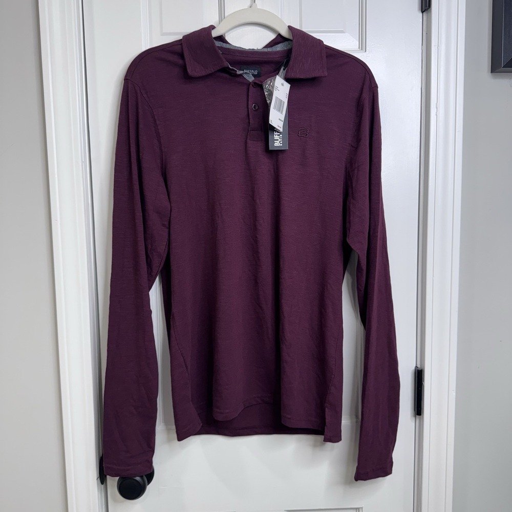 Buffalo David Bitton Polo Shirt Mens Medium Burgundy Long Sleeve Casual NWT